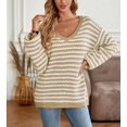 thumbnail image 2 of Geometric Striped Pattern Drop Shoulder Knit Sweater for Women Beige Medium, 2 of 5