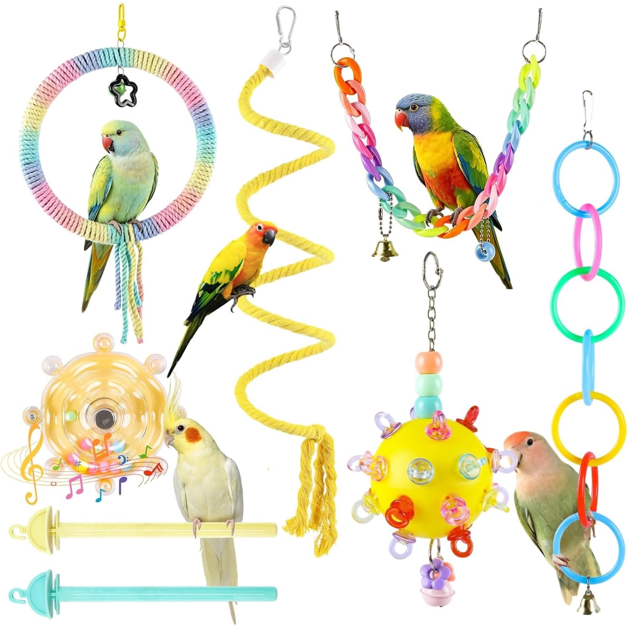 Parakeet Toys Set 8 count Rope Swing Colorful Spinning Chewing Standing Perch Parrot Toys Bird Cage Accessories Bird for Lovebird Cockatiel Budgie Finches
