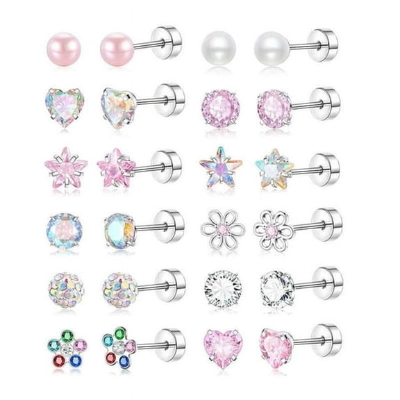 DESIGNICE 12 Pairs Surgical Steel Screw Back Earrings Sets Hypoallergenic Screw Back Stud Earrings Cute Heart Tiny Cz Flower Pink Stud Earrings for Women