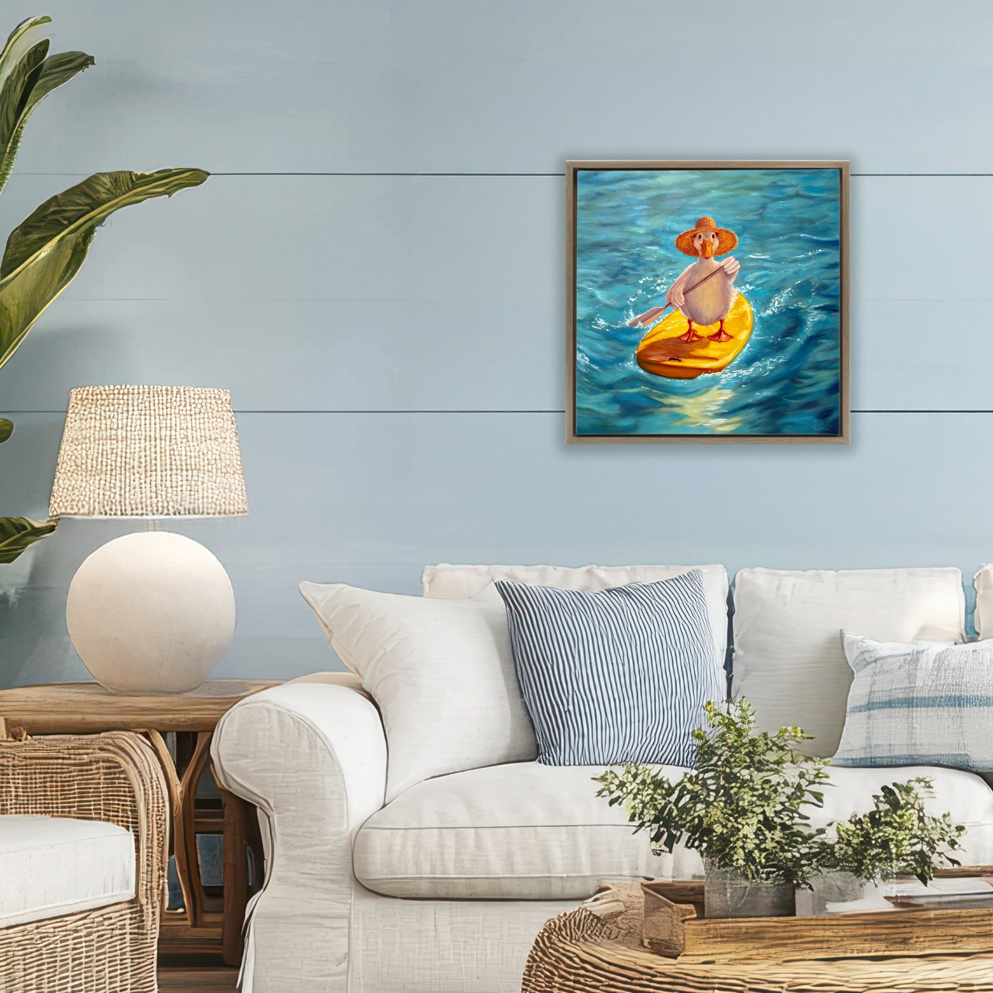 Stupell Industries The Paddler Duck with Straw Hat Brown Framed Floater Canvas Wall Art, design by Lucia Heffernan