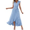 thumbnail image 3 of BiZtdJrK Maxi Dress for Women Warp V Neck Cap Sleeve Casual Summer Dresses Swiss Dot Ruffle Slit Boho Dress Flowy Wedding Guest Dresses Birthday Gift Sky Blue XXL, 3 of 7
