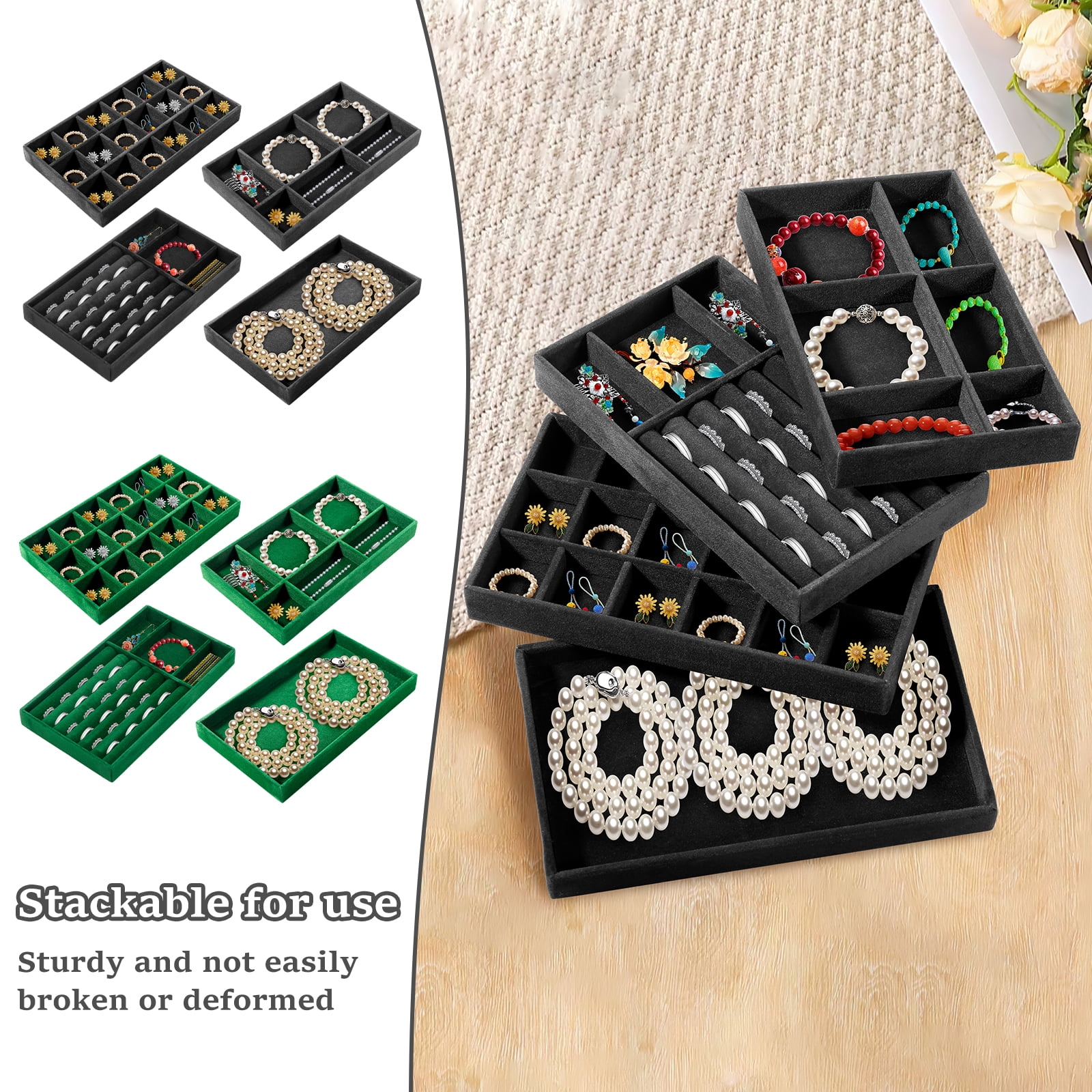 Velvet Jewelry Trays for Drawers, Set of 12 Stackable Jewelry Drawer Organizer Inserts, 4 Styles Black Velvet Drawer Compartment Organizer Tray for Rings, Earrings, Necklace, Bracelet, Watch