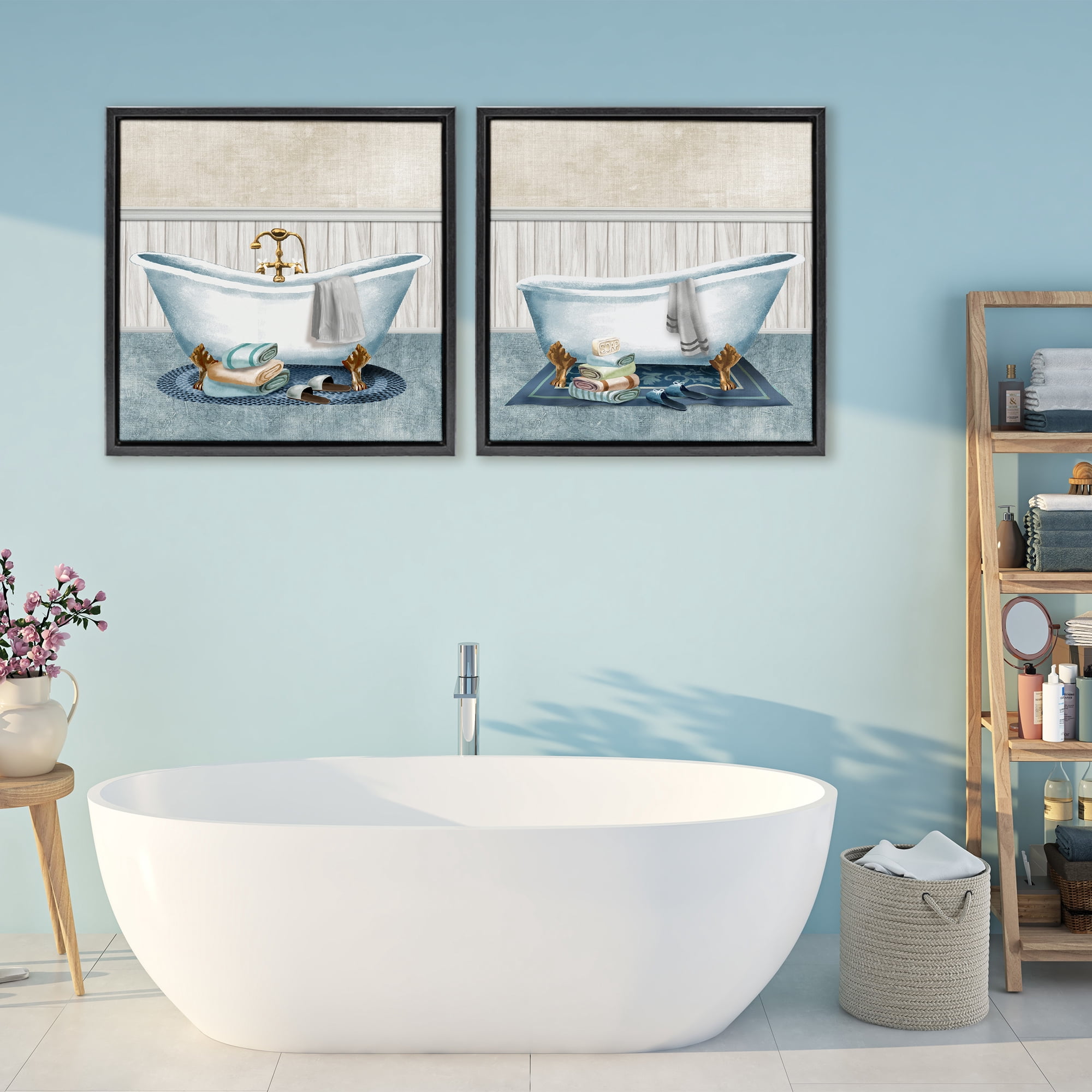Stupell Industries Cozy Bathtub & Slippers 2 Piece Black Framed Floater Canvas Set, design by Conrad Knutsen
