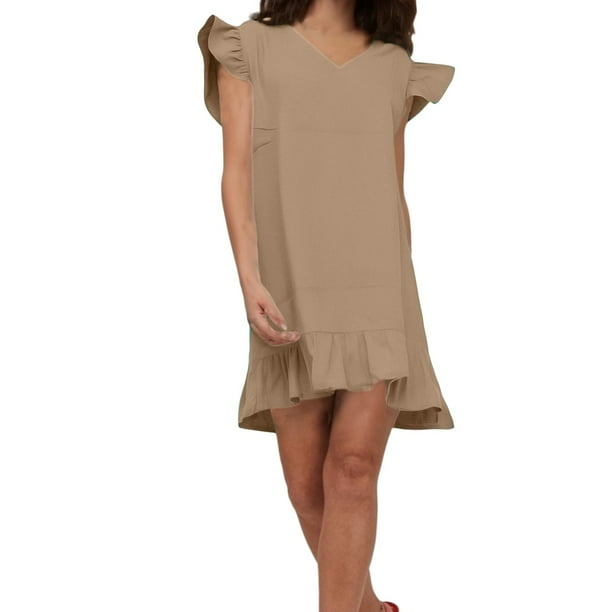 Vestido de mujer con cuello en V, mangas con volantes y bajo con volantes - Ligero, transpirable y fluido - Ropa informal de verano para fiestas y vacaciones