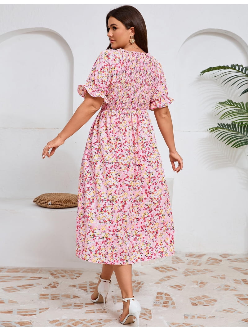 yesstyle cute dress Yesfashion Women's Summer Casual Dresses 2025 Spring Puff Sleeve Square  Neck A-line Flowy Floral Smocked Midi Dress