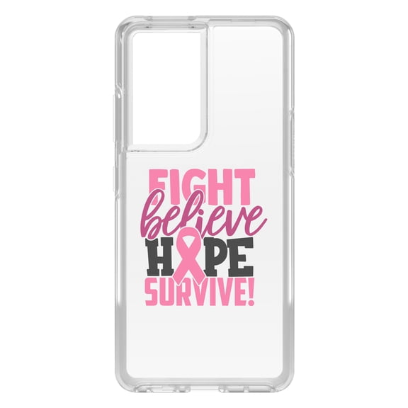 DistinctInk Clear Shockproof Hybrid Case for Galaxy S21 ULTRA 5G (6.8" Screen) - TPU Bumper Acrylic Back Tempered Glass Screen Protector - Pink Ribbon Cancer - Fight Believe Hope Survive