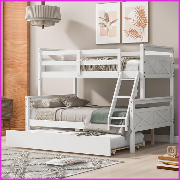 Twin Over Full Pine Wood Bunk Bed with Trundle, Guardrail & Slanted Ladder, No Box Spring, White
