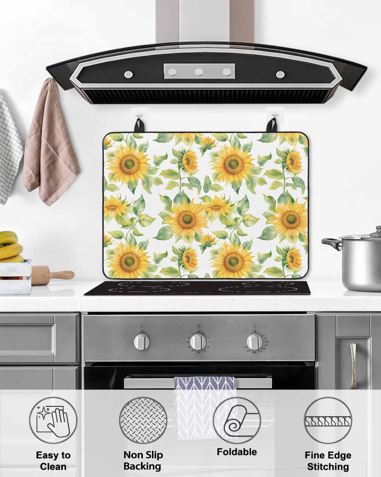nqOlkjepod Large Induction Cooktop Protector Mat 31"x24", Sunflower Stove Top Covers for Electric Stove, Watercolor Summer Botanical Pastoral Stove Burner Cover Mats, Glass Top Stove Cover