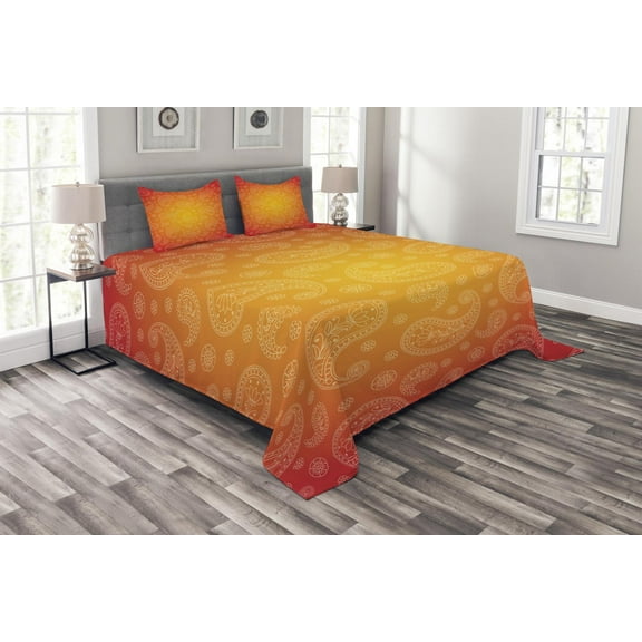 Ambesonne Orange Quilted Bedspread Set 3 Pcs, Ombre Floral, Queen Size, Orange and White