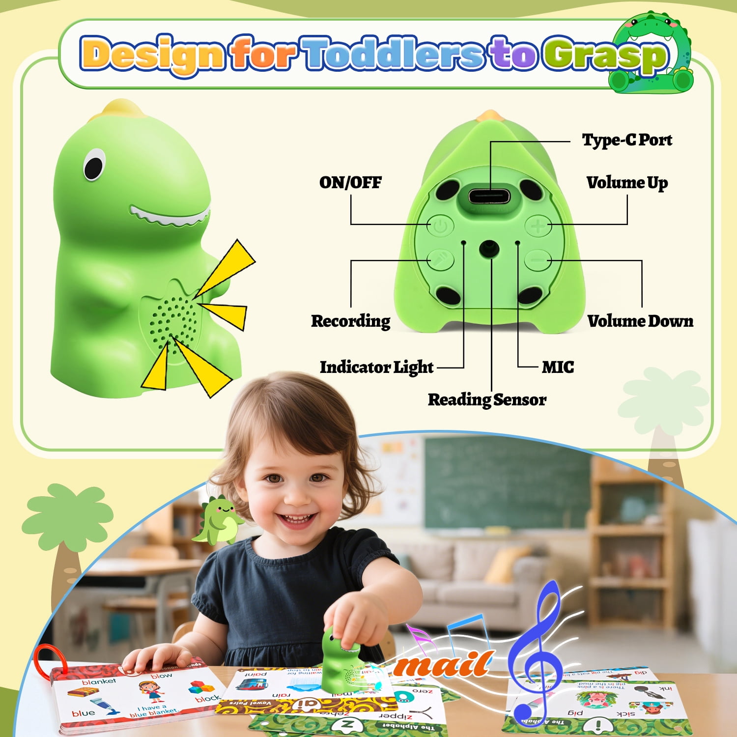 Flooyes Dinosaur Talking Pen With Phonics Cards, Montessori Toys ABC 123 Learning Set For Kids 36M+