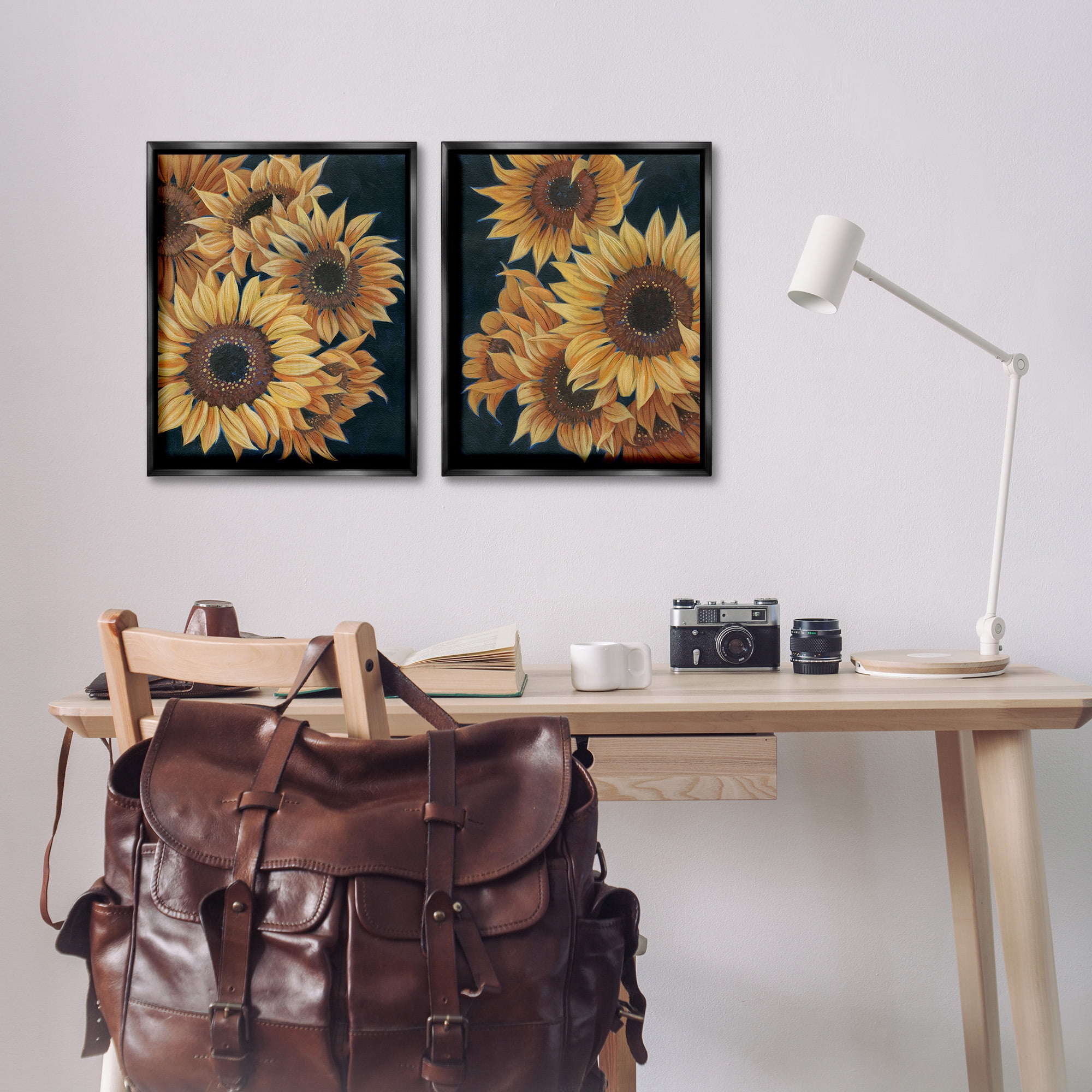 Stupell Industries Sunflowers on Black Botanical & Floral Painting Black Floater Framed Canvas Art Print Wall Art, 17 x 21, Set of 2