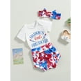 thumbnail image 3 of Hirigin 4th of July Newborn Baby Girl Outfit 0 3 6 12 18 Months Letter Romper Top Red White Blue Tie-Dye Print Shorts Headband Set, 3 of 8