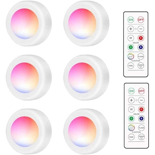 Juego de 6 luces LED para armario, focos de pared RGB de 16 colores, luces nocturnas inalámbricas con control táctil y control remoto, luces para armarios, escaleras, vitrinas y armarios.