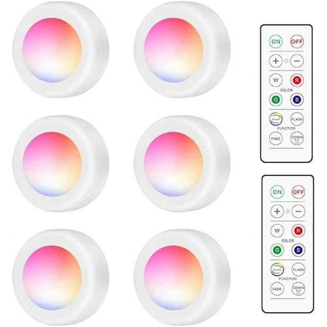 Juego de 6 luces LED para armario, focos de pared RGB de 16 colores, luces nocturnas inalámbricas con control táctil y control remoto, luces para armarios, escaleras, vitrinas y armarios.