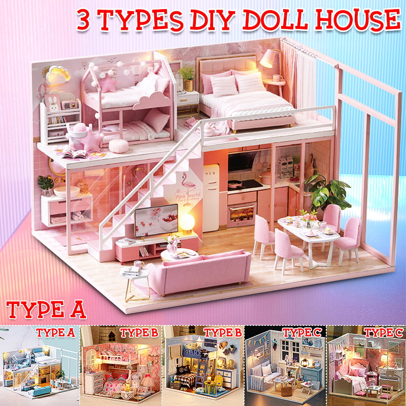3D Wooden LED Dollhouse Miniature Furniture Doll House Childre DIY Kit U7I6 K3B8 