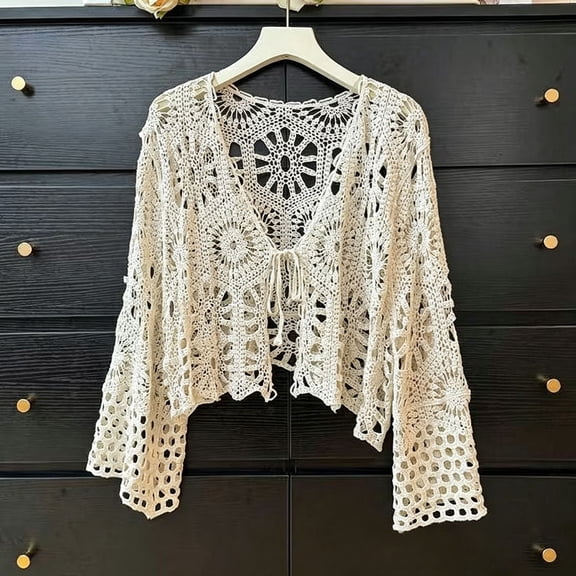 Women's Crochet Tops Bell Sleeve Summer Cardigan Tie Front Cropped Cover upvLightweight Top,Hollow Out,Boho,Summer Sweater(Beige,One Size)