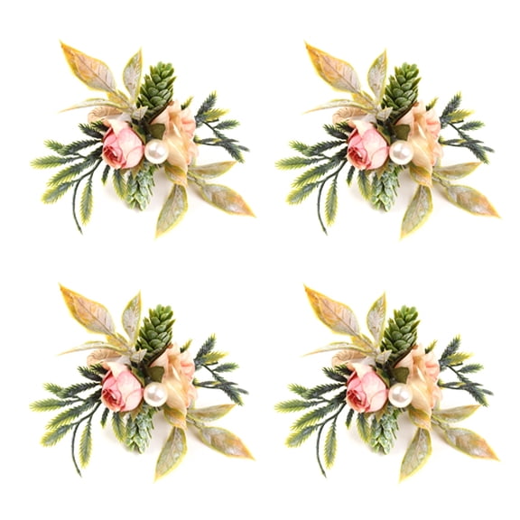 Double Rose Napkin Rings Set of 4, Pink Flower Napkin Rings with Berries and Handmade Napkin Ring Holders