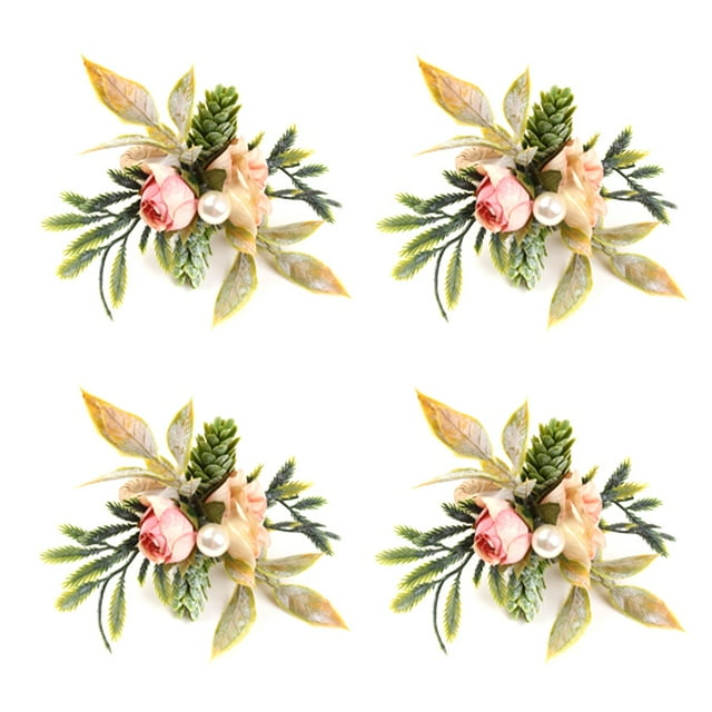 Juego de 4 Servilleteros de Rosas Dobles, Servilleteros de Flores Rosas con Bayas y Hojas , Servilleteros Hechos una Mano