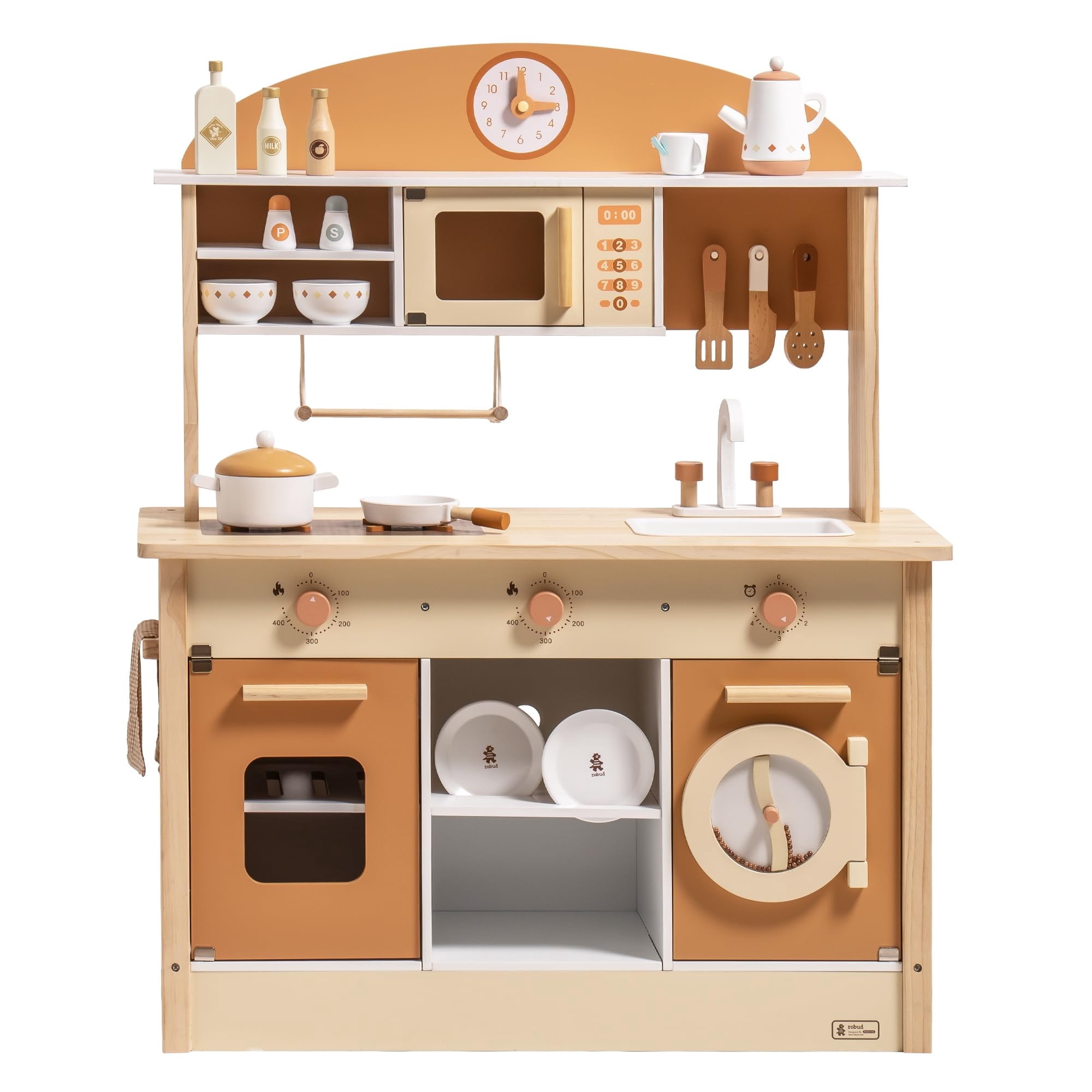 Robud Kids Wooden Kitchen Play Set Pretend Playset Toy with Play Cooker for Kids Boys Girls Age 3+,Caramel