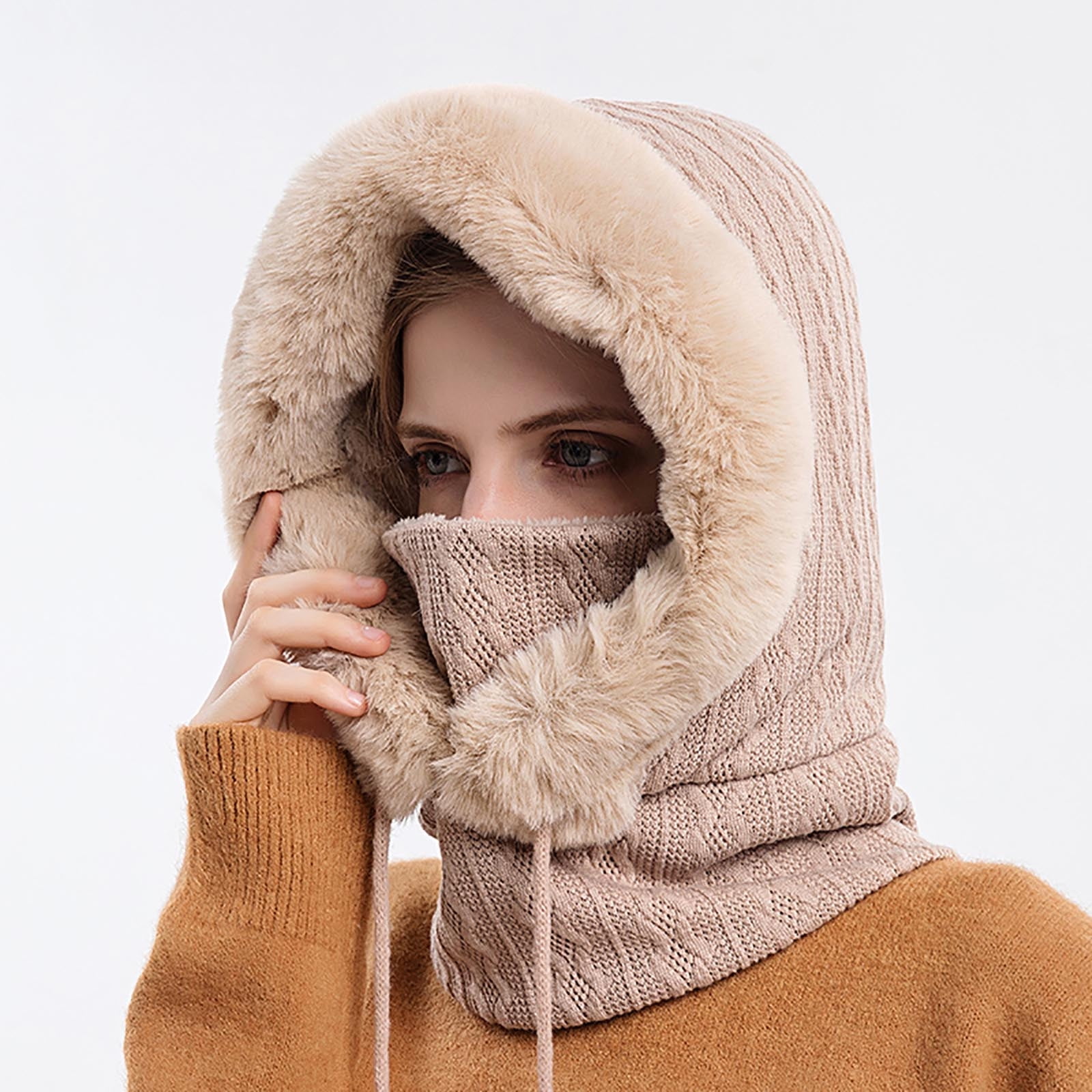 qolati Trapper Hat for Women Men with Mask Ear Flaps Knitted Windproof Winter Bomber Hats Cold Weather Warm Winter Faux Fur Hunting Balaclava Ski Hats