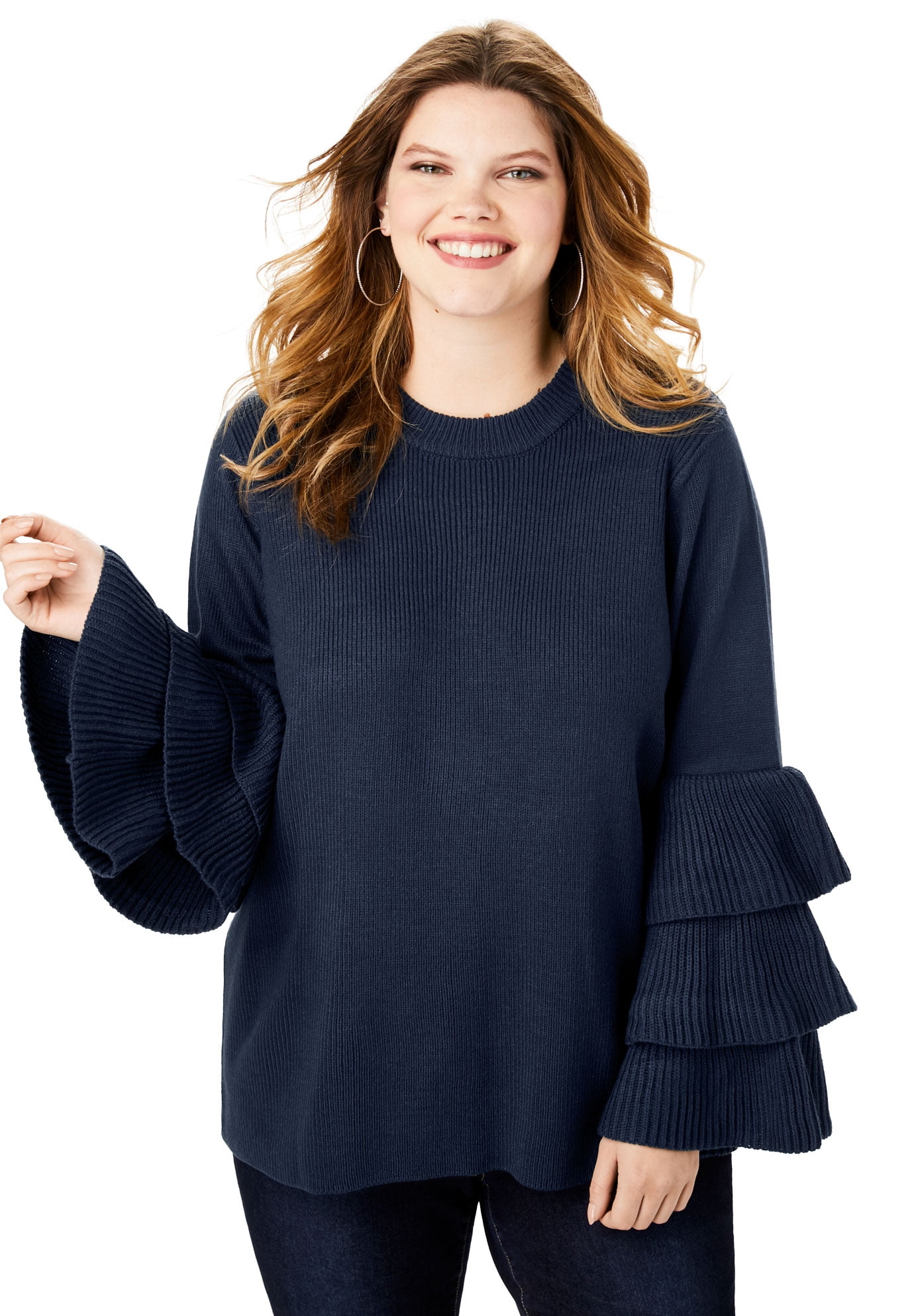 Roamans Womens Plus Size Tiered-Sleeve Sweater 