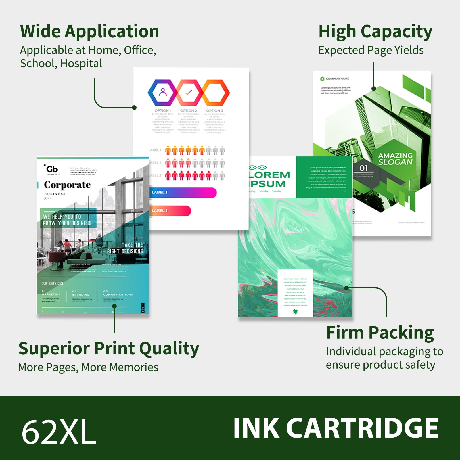 62XL Ink Cartridges Compatible for 62 XL Ink for Envy 5540 5640 5660 7644 7645 Printer 2 pack Black