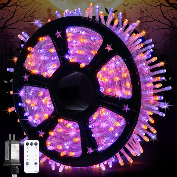 TRAHOO-600 LED Christmas String Lights Outdoor, Orange and Purple Lights Clear Wire, Christmas Twinkle String Lights Plug in for Tree Christmas Decorations
