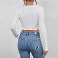 thumbnail image 3 of Thredzr Womens Fall Tops 2025 Low Cut Scoop Neck Casual Ribbed Long Sleeve Shirt Spring Tee 06# White L, 3 of 4