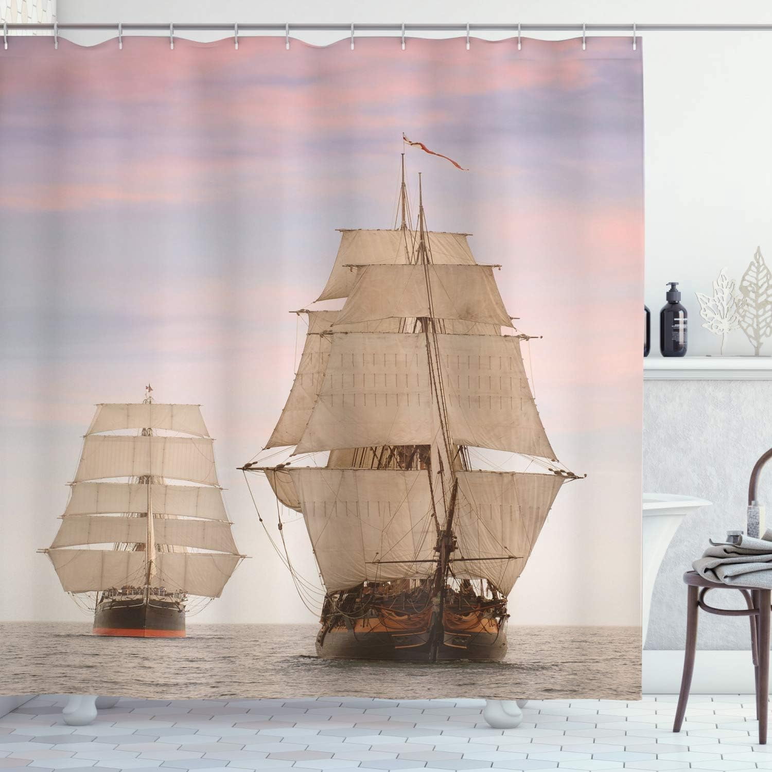 JOOCAR Ocean Shower Curtain, Sailboat Gaff Top Sail Tall Wooden Sailing Ships Waves Print Photo