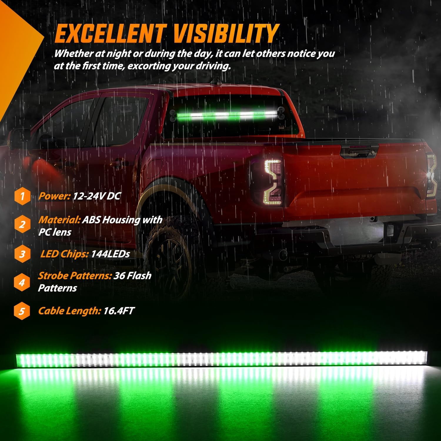 Nilight 144LED Vehicle Safety Light Bar with Controller, Green White Warning Lights for Off-Road & Work Vehicles