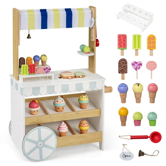 Costway Wooden Ice Cream Cart for Kids 2-in-1 Grocery Store Playset with Display Shelves White