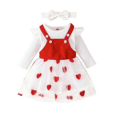 

Baby Girls Jumpsuits Set Valentine s Day Long Sleeves Romper and Heart Print Corduroy Suspender Dress Headband Outfit