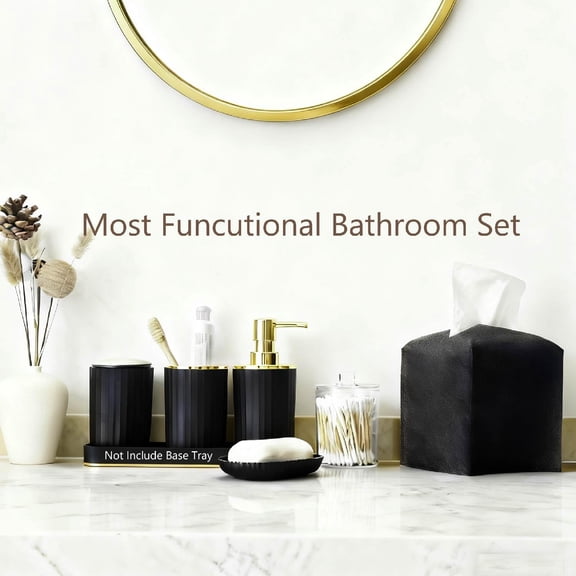 Bathroom Accessories Set - 21PCS Black Bathroom Set with Shower Curtain, Rugs, Trash Can, Soap Dispenser, Soap Dish, Toilet Brush, Toothbrush Holder, Tumbler Cup, Tissue Box, Q-tip Holders