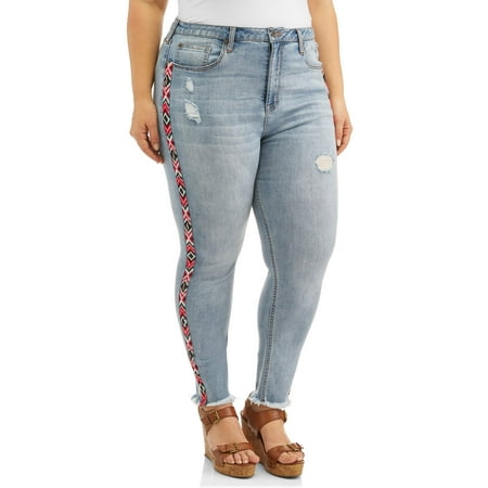 Embroidered Woven Jeans - Women's Plus Size Cropped Skinny Jean with Embroidered Taping & Fray Hem