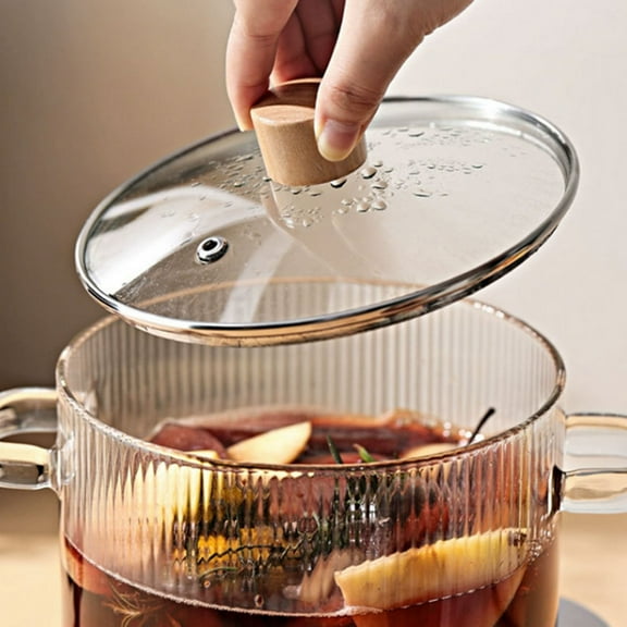 Heat-Resistant Glass Cooking Pot with Wooden Handles 1.6L Transparent Soup Stew Pot for Stove Top Use, Non-Stick Interior, Visible Cooking Monitoring