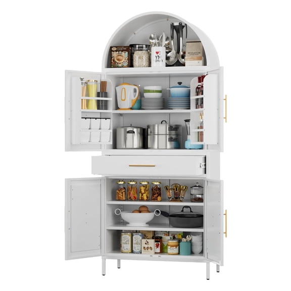 Metal Arched Kitchen Pantry Cabinet with Adjustable Shelves & Drawer, Farmhouse 2-Door Storage for Kitchen, Dining Room, White