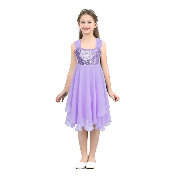 YEAHDOR Girls Chiffon Sequins Praise Lyrical Dance Leotard Dress Wide Shoulder Straps Modern Contemporary Dance Costume