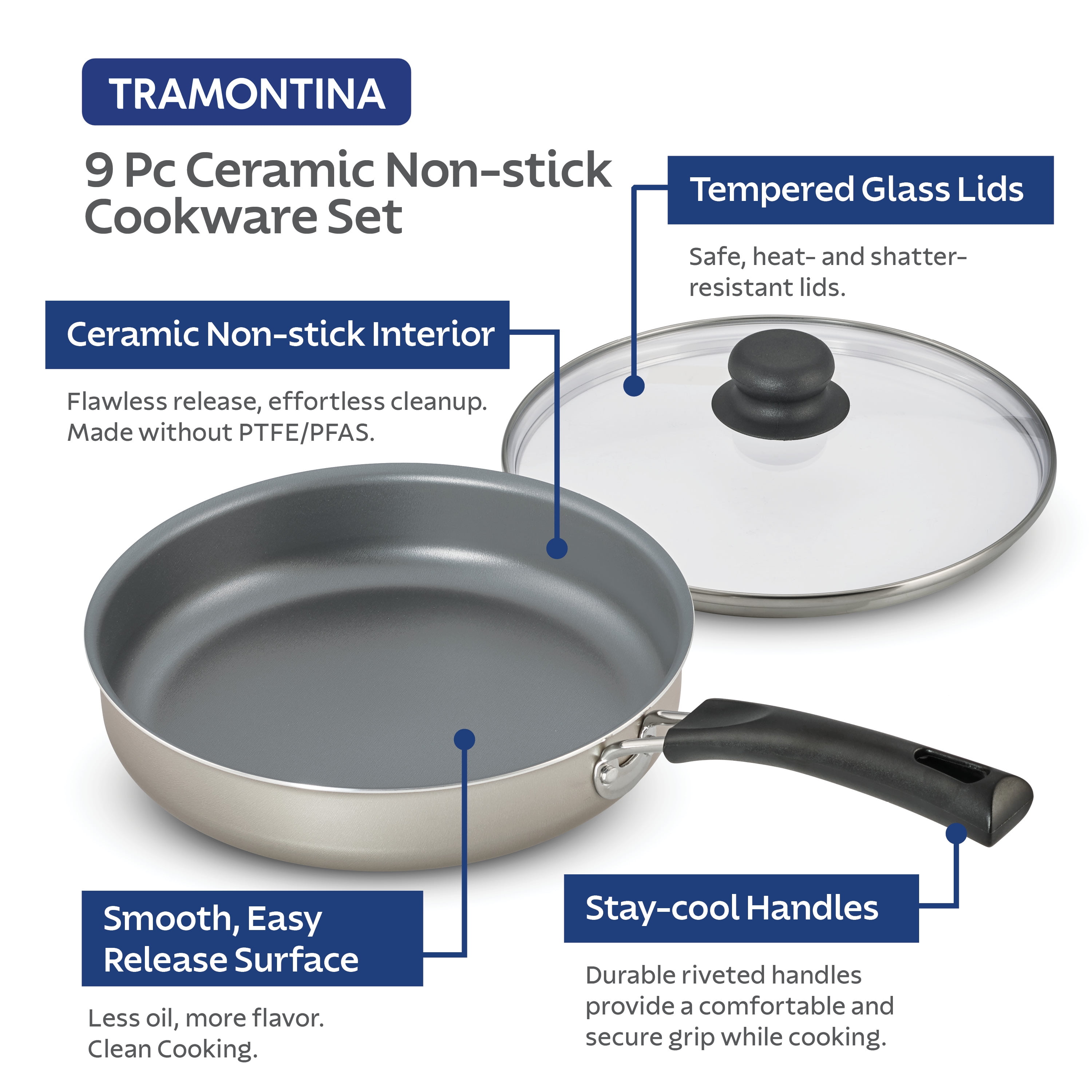 Tramontina 9-Piece Ceramic Cookware Set, Champagne