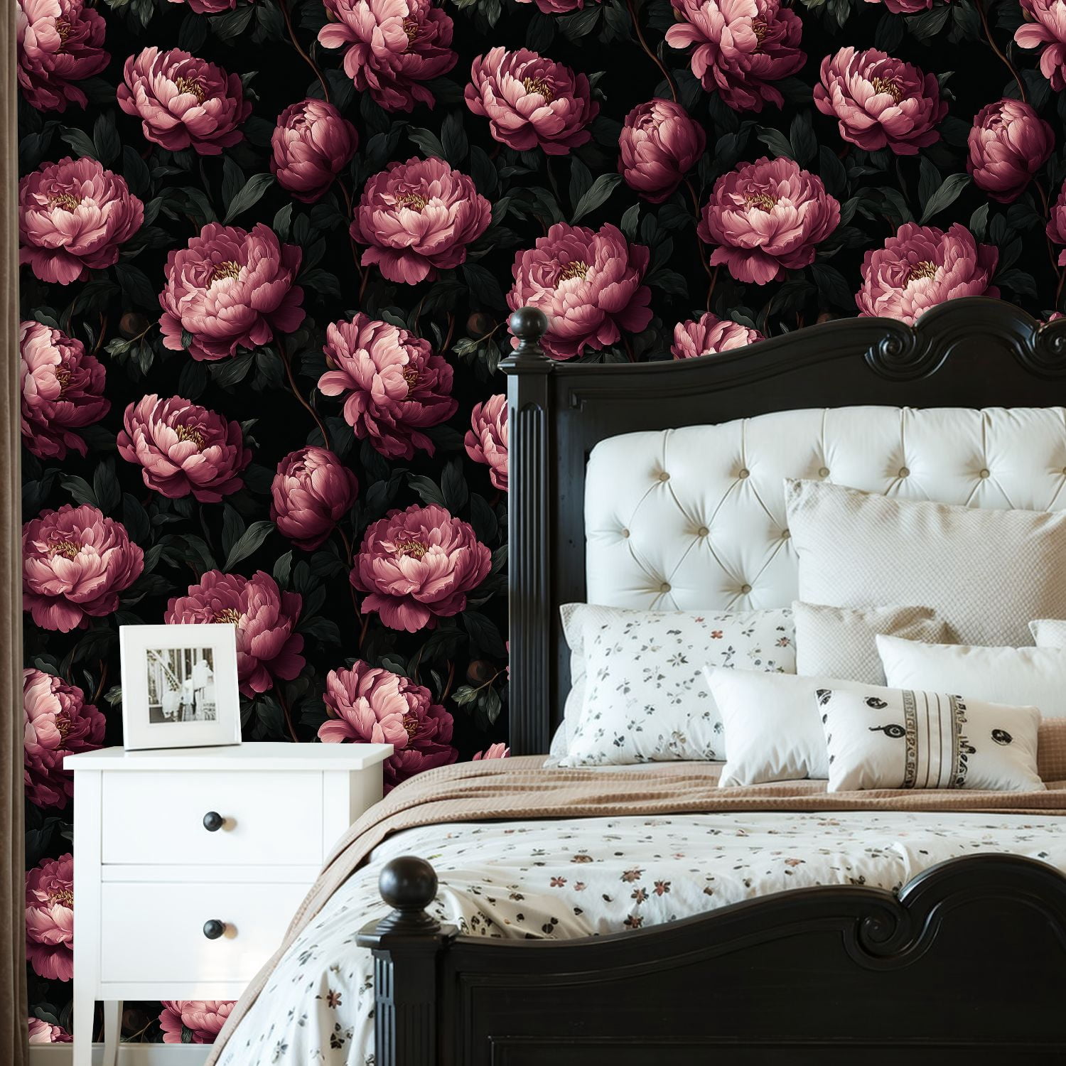 Peel and Stick Wallpaper Elegant Peony Flower Dark Wall Mural 23.6in x 9.8ft Self Adhesive Removable Wall Paper Renter Friendly Wallpaper for Nursery Bedroom Cabinets