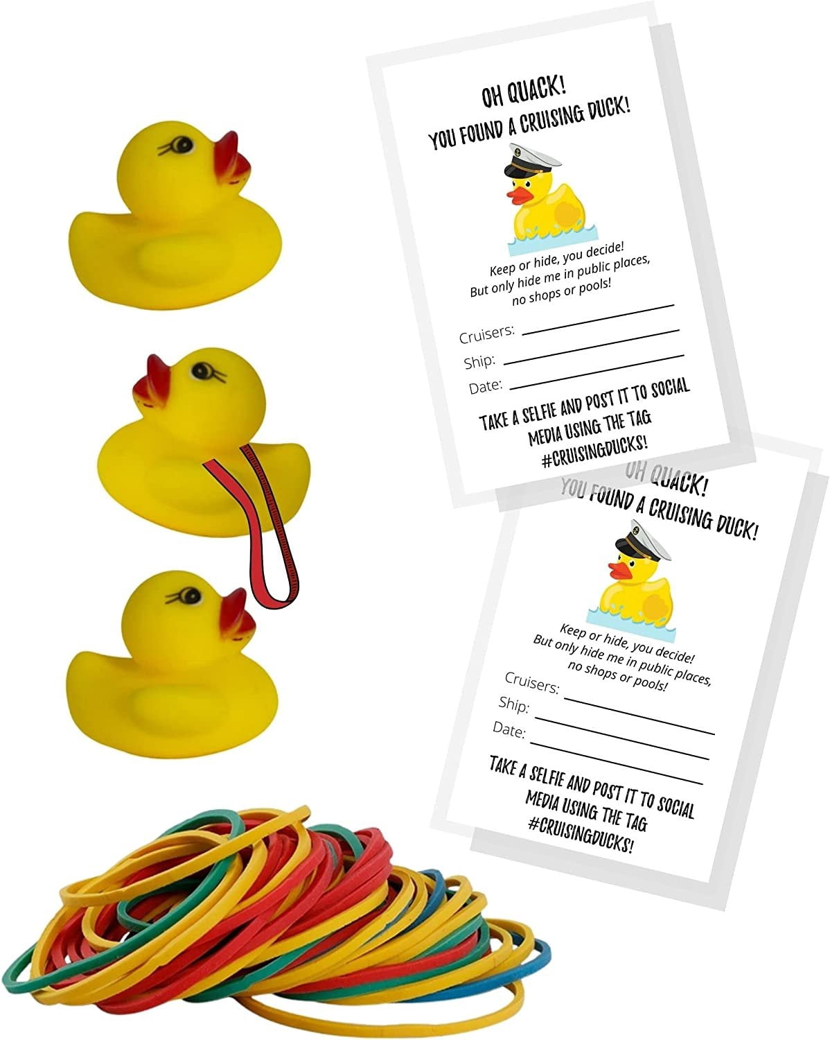 110 Pack Bulk Cruising Ducks Tag Kit with Rubber Ducks & Rubber Bands Mini Rubber Ducks-Cruising Duck Tags-Rubber Bands #CruisingDucks Oh What Luck!