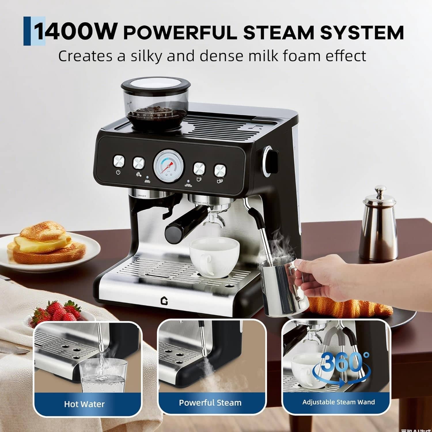 EastVita Stainless Steel Espresso Machine With Grinder And 20 Bar Pressure 2.8 Litre Removable Water Tank Latte/Cappuccino Milk Frother And Steam Wand