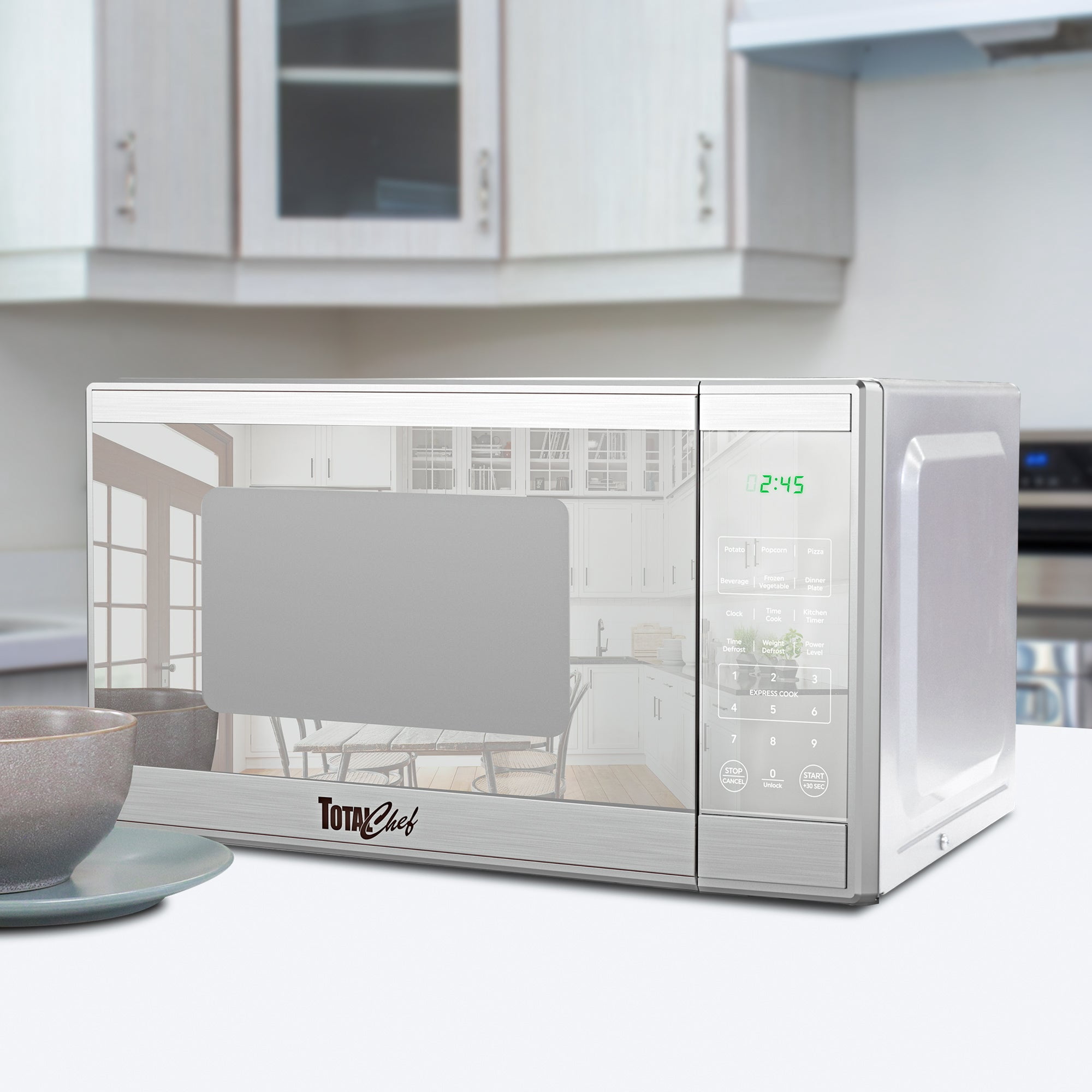 Total Chef Compact Countertop Microwave Oven, 1.3 Cu Ft. 1100W, 10 Power Levels, 6 Auto Cook Pre-Sets, Express Cook, Digital Touchscreen Controls, Child Lock, Timer, Mirrored Finish, Stainless Steel