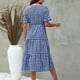 thumbnail image 4 of Vestido largo Vestido con estampado de cuadros Manga de hoja de loto Gran swing Ocio Vestido de una pieza para verano Azul purpúreo XL, 4 of 6