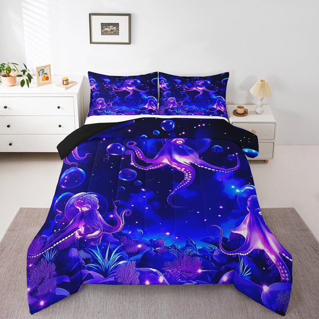 Erosebridal Deep Sea Octupus Bedding Queen Comforter Set, Ocean Animal Down Comforter, Navy Blue, Reversible 3 Pieces