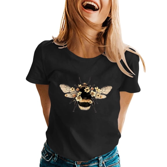 Baqcunre T Shirts For Women Womens Spring Summer Printed Short Sleeve O Neck T Shirt Top Women'S Tops Graphic Tees For Women Black L