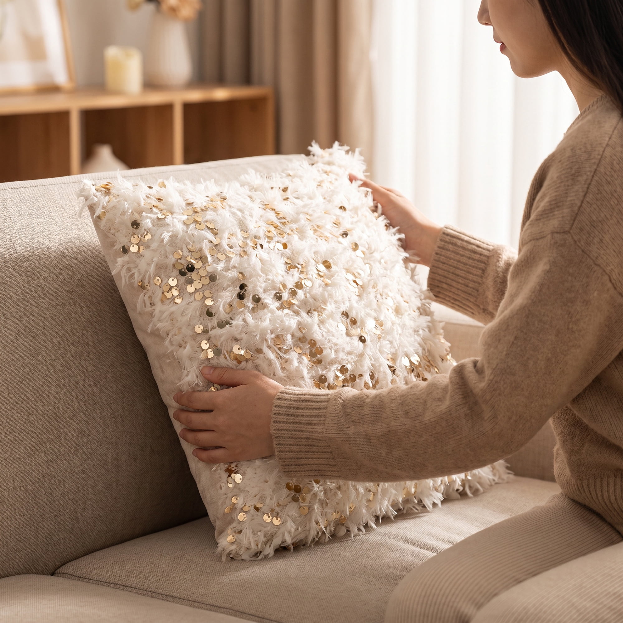 Unique Bargains Plush Soft Sequin Throw Pillow Cover Cushion Case Light Gold 18"x18"