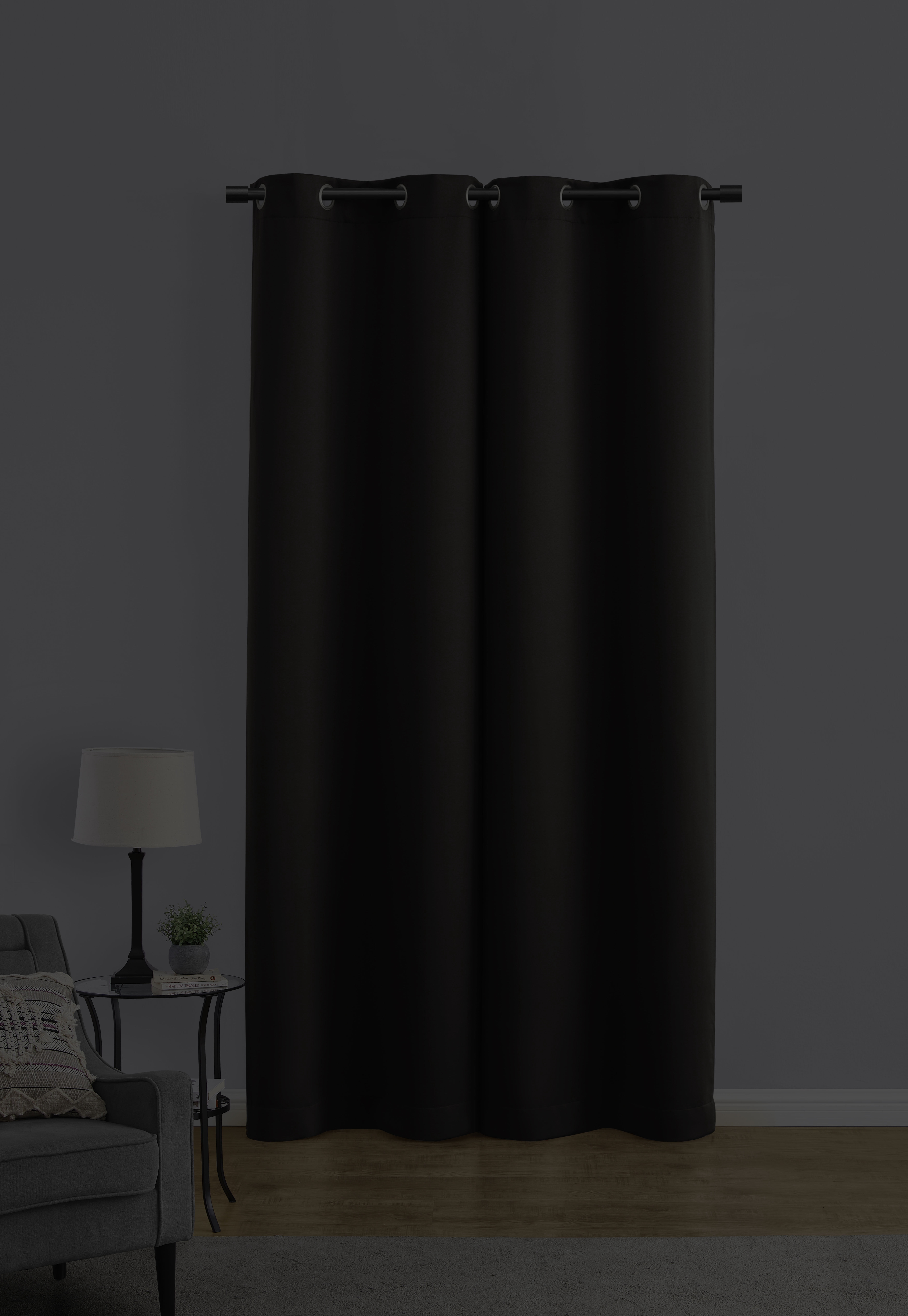 Mainstays Room Darkening Grommet Curtain Panel Pair, Set of 2, Black, 30"W x 84"L
