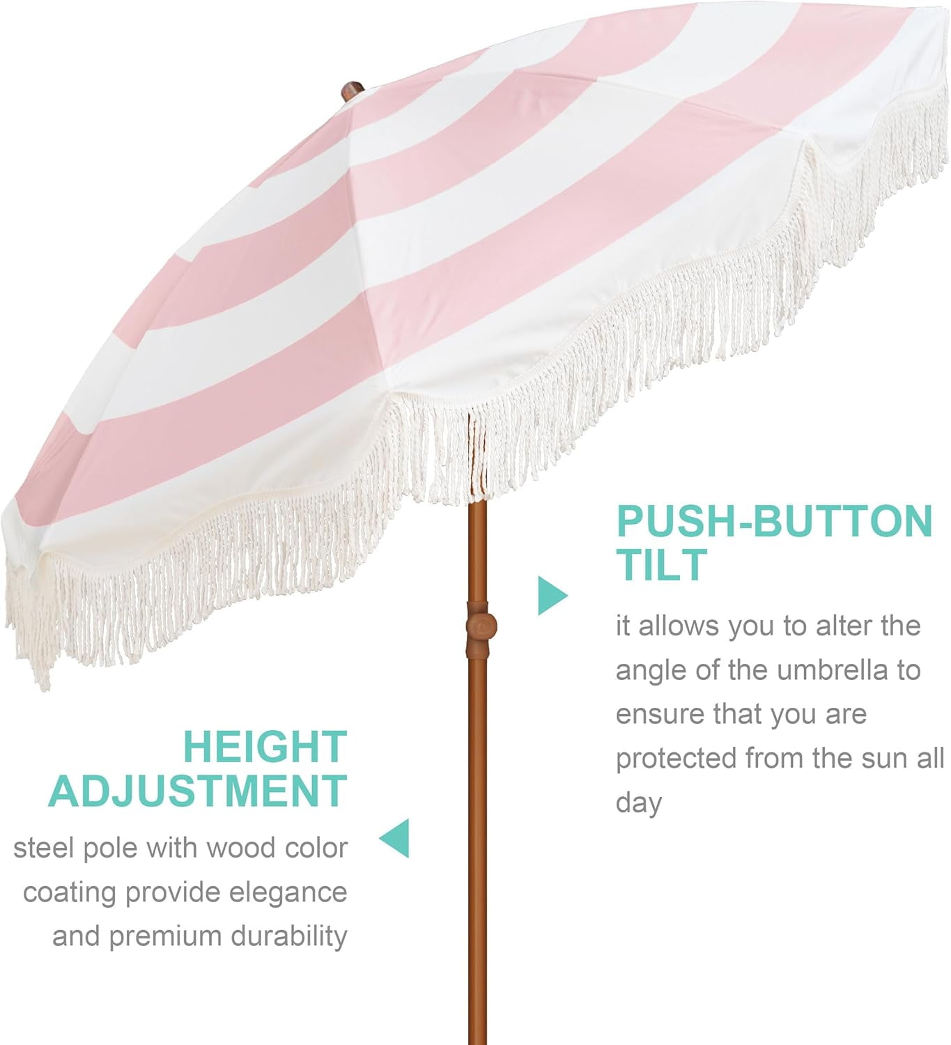 Boho Fringe Umbrella Outdoor Patio, 6.5ft UPF50+ Picnic Umbrella with Tassels with Steel Pole and Push Button Tilt, Pink Stripes