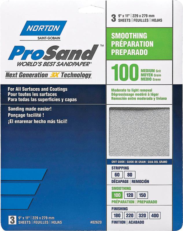 9-Inch x 11-Inch 3-Pack Norton 02620 3X Handy Aluminum-Oxide Sandpaper 100 Grit