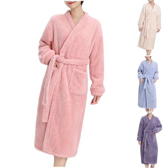 Antinious Women Fashion Casual Flannel Robes Long Sleeve Solid Color Belted Bathrobe with Pockets,Fall Winter Robes for Women,Women Pajamas Bathrobes,Purple,Free Size